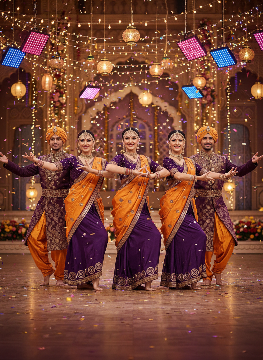 Adult dancers in elegant Bollywood costumes, deep purple and saffron orange sarees with intricate gold embroidery, graceful sophisticated dance pose, festive lighting, professional photography
